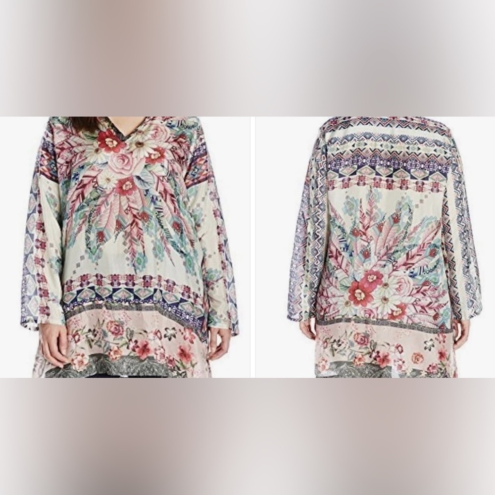 Women's 1XL Johnny Was Sheer 3/4 Sleeve Tunic Blouse Peasant Boho Asymmetrical